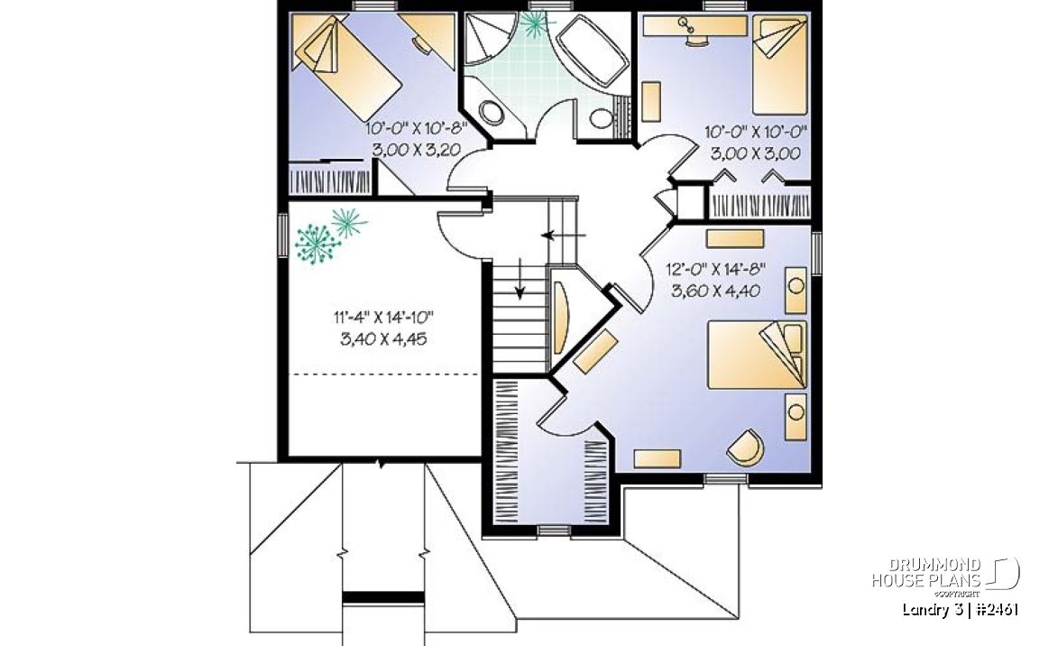 2nd level - English style inspired 2-storey house plan with 3 bedrooms, bonus room, garage - Landry 3