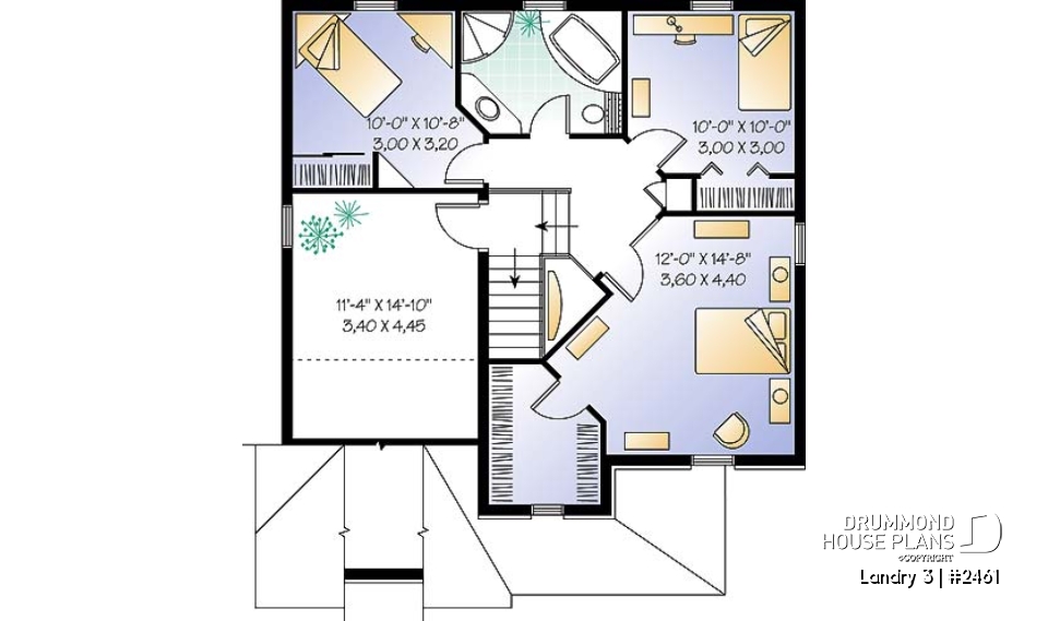 2nd level - English style inspired 2-storey house plan with 3 bedrooms, bonus room, garage - Landry 3