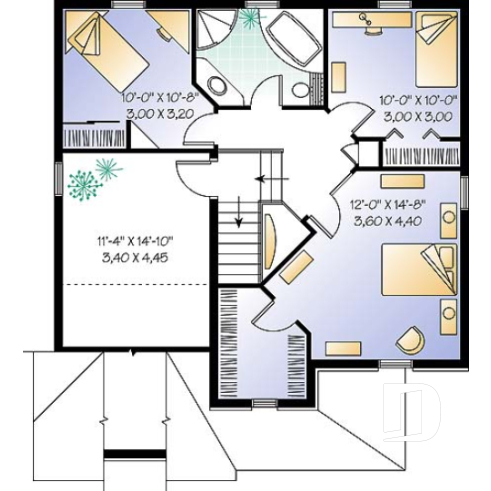 2nd level - English style inspired 2-storey house plan with 3 bedrooms, bonus room, garage - Landry 3