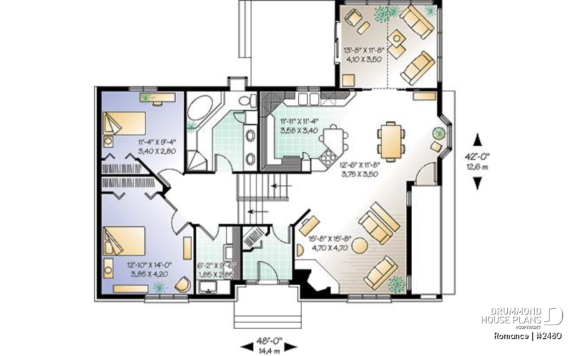 1st level - Ideal home for hillside / sloping lot, 2 to 4 bedrooms, 2-car side-entry garage,large fireplace in family room - Romance
