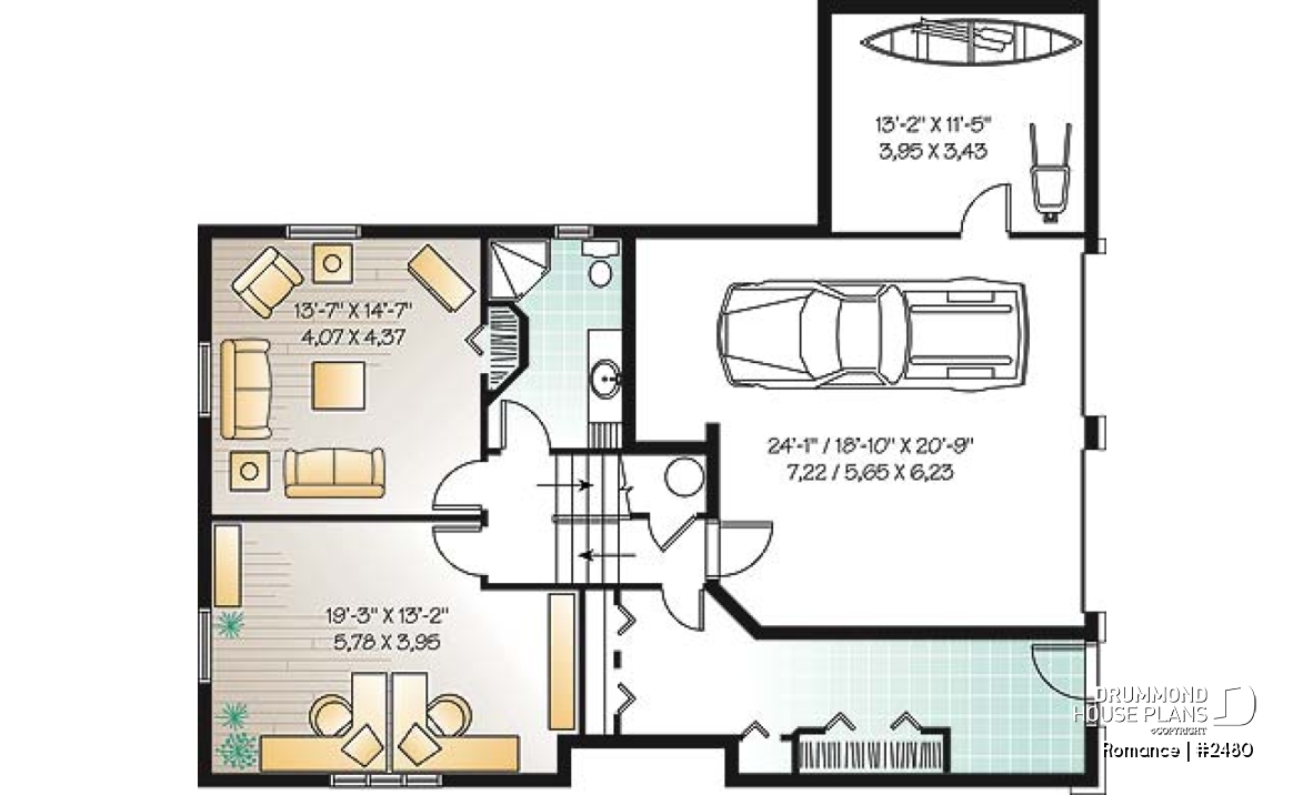 Basement - Ideal home for hillside / sloping lot, 2 to 4 bedrooms, 2-car side-entry garage,large fireplace in family room - Romance
