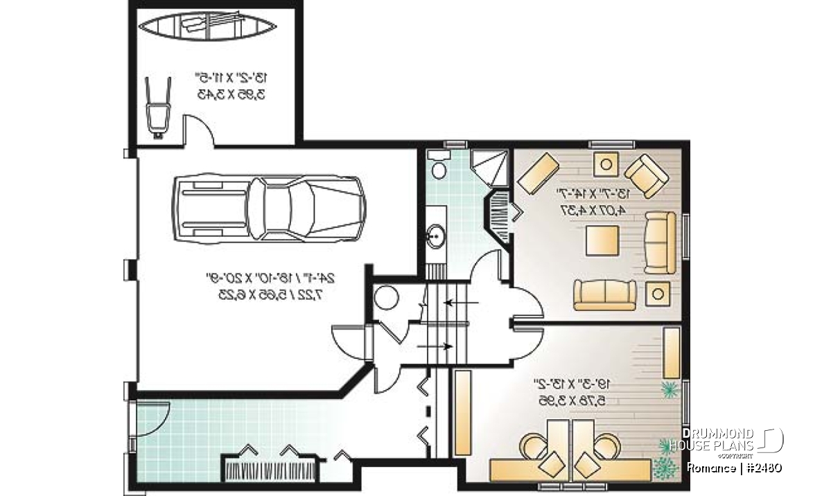 Basement - Ideal home for hillside / sloping lot, 2 to 4 bedrooms, 2-car side-entry garage,large fireplace in family room - Romance
