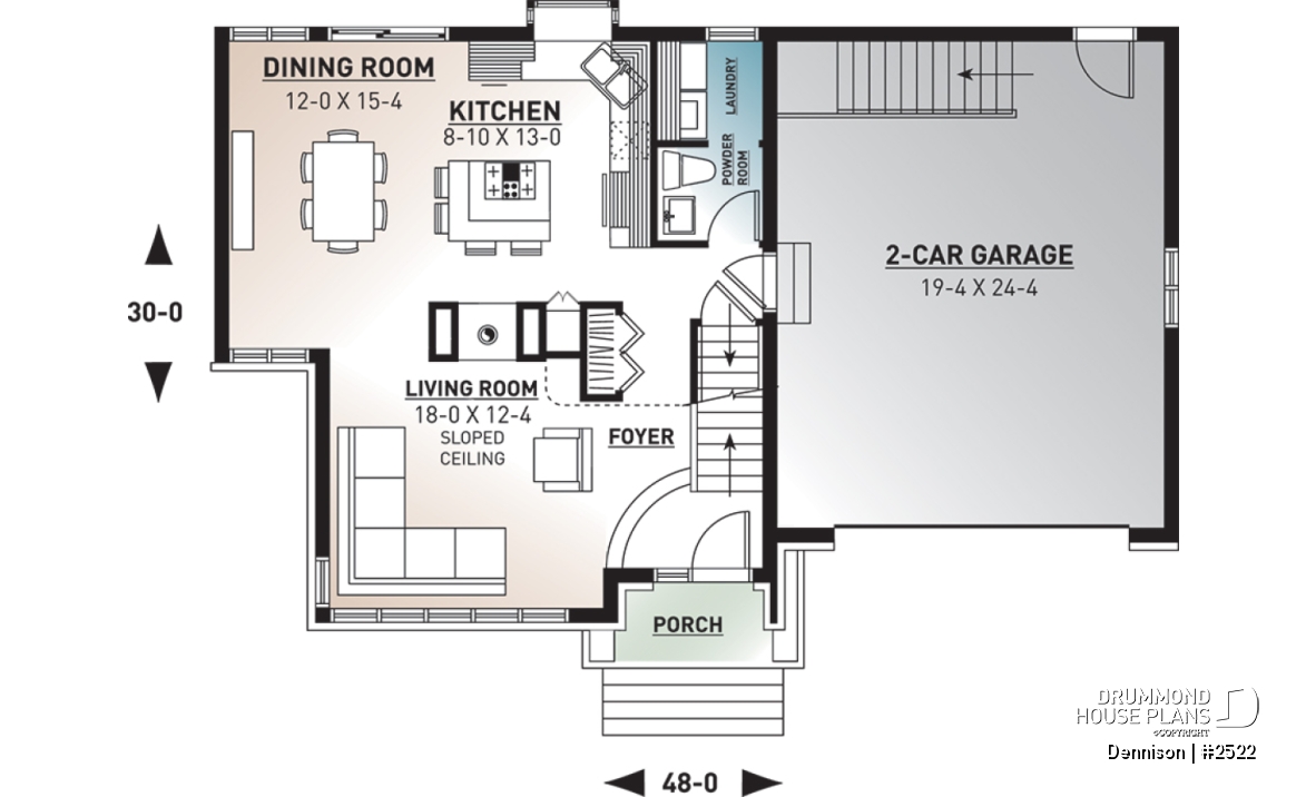 1st level - Modern Craftsman house plan, open space in the main living area, 3 bedrooms, master suite, fireplace - Dennison