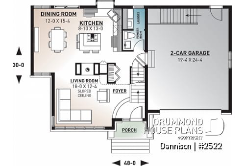 1st level - Modern Craftsman house plan, open space in the main living area, 3 bedrooms, master suite, fireplace - Dennison