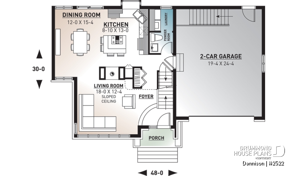 1st level - Modern Craftsman house plan, open space in the main living area, 3 bedrooms, master suite, fireplace - Dennison
