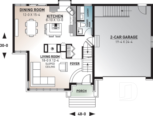 1st level - Modern Craftsman house plan, open space in the main living area, 3 bedrooms, master suite, fireplace - Dennison