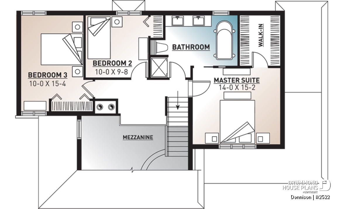 2nd level - Modern Craftsman house plan, open space in the main living area, 3 bedrooms, master suite, fireplace - Dennison