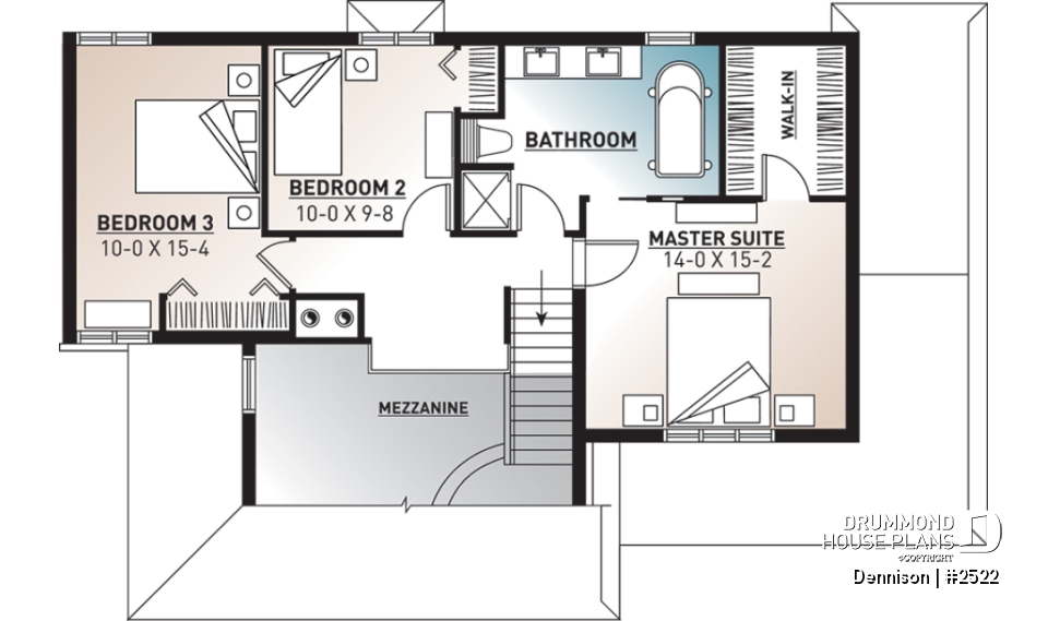 2nd level - Modern Craftsman house plan, open space in the main living area, 3 bedrooms, master suite, fireplace - Dennison