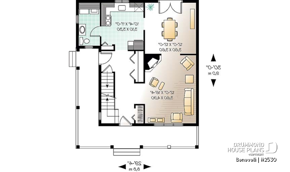 1st level - Small 3 bedroom country house plan with great wraparound porch, fireplace, laundry room on main - Benevelli