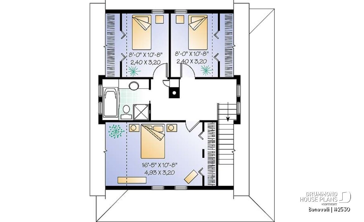 2nd level - Small 3 bedroom country house plan with great wraparound porch, fireplace, laundry room on main - Benevelli