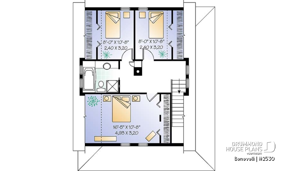 2nd level - Small 3 bedroom country house plan with great wraparound porch, fireplace, laundry room on main - Benevelli