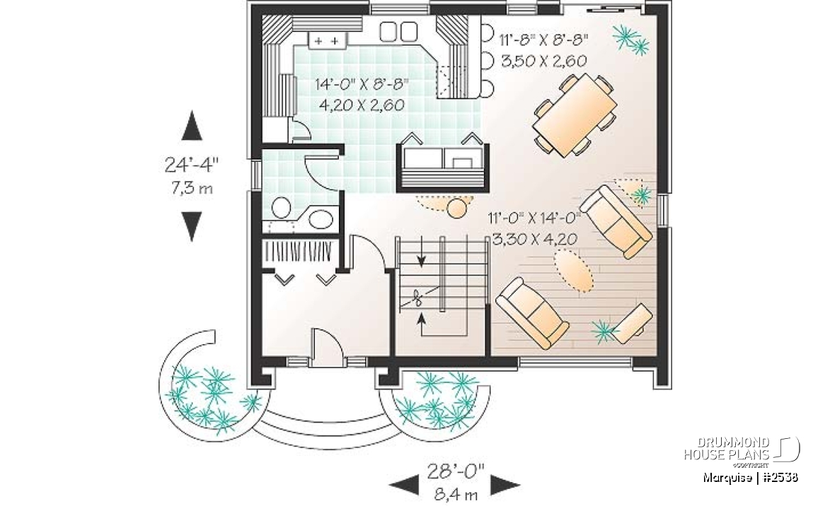 1st level - European 2 story home plan with 3 bedrooms, closed entrance, open floor plan concept - Marquise