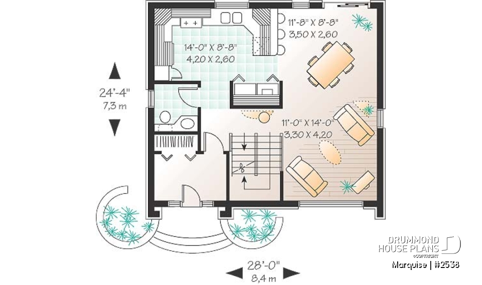 1st level - European 2 story home plan with 3 bedrooms, closed entrance, open floor plan concept - Marquise