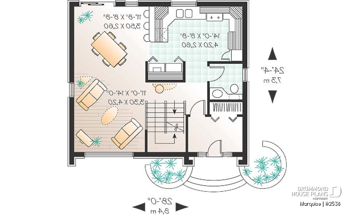 1st level - European 2 story home plan with 3 bedrooms, closed entrance, open floor plan concept - Marquise