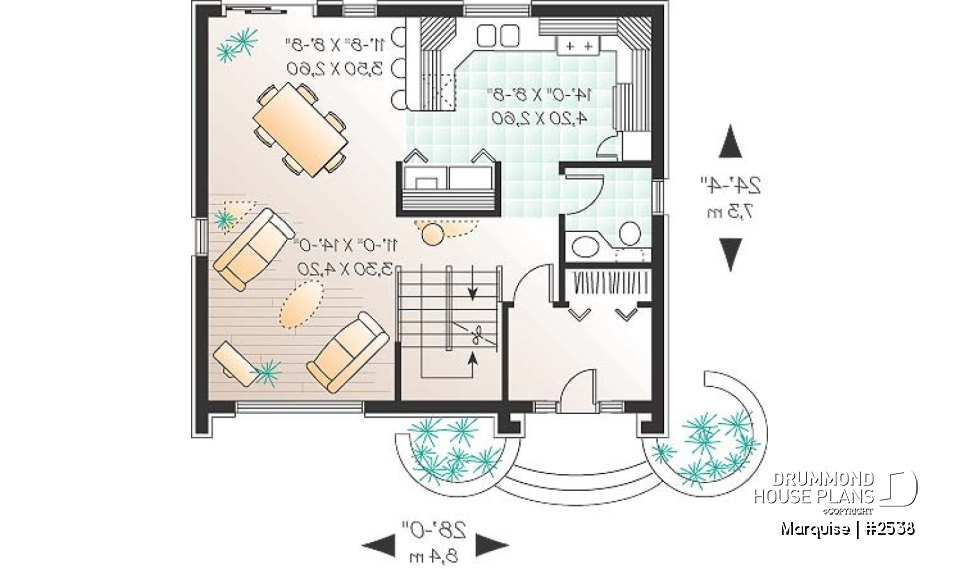 1st level - European 2 story home plan with 3 bedrooms, closed entrance, open floor plan concept - Marquise