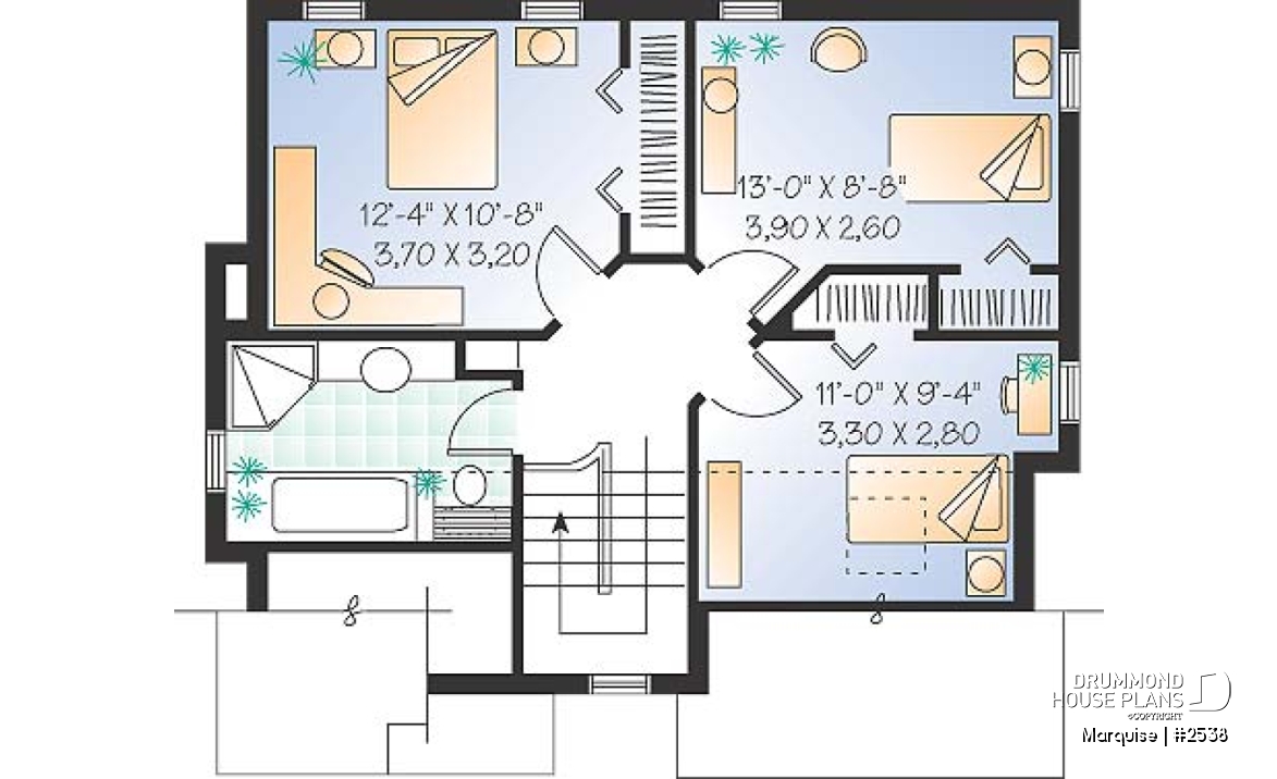 2nd level - European 2 story home plan with 3 bedrooms, closed entrance, open floor plan concept - Marquise