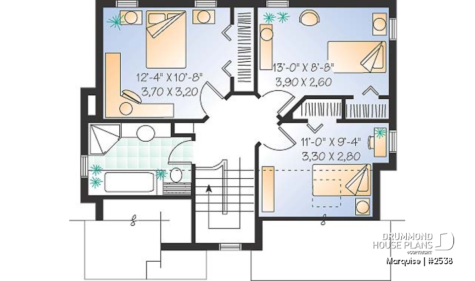 2nd level - European 2 story home plan with 3 bedrooms, closed entrance, open floor plan concept - Marquise