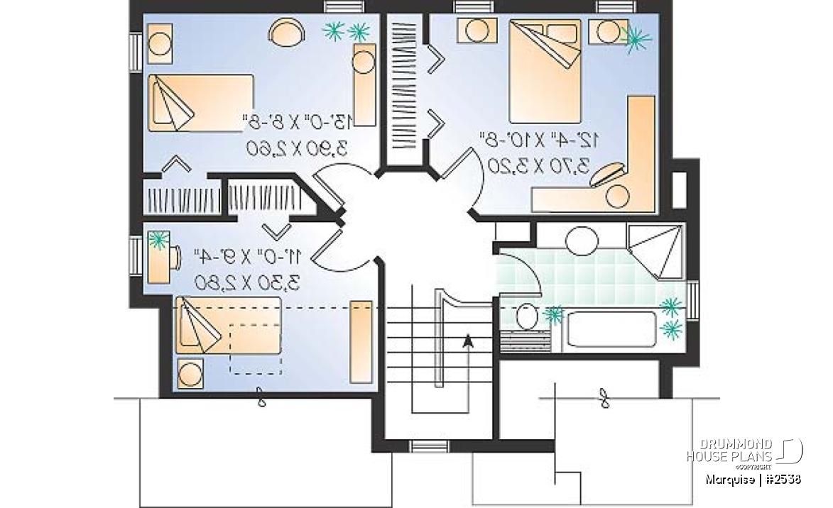 2nd level - European 2 story home plan with 3 bedrooms, closed entrance, open floor plan concept - Marquise