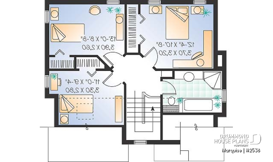 2nd level - European 2 story home plan with 3 bedrooms, closed entrance, open floor plan concept - Marquise