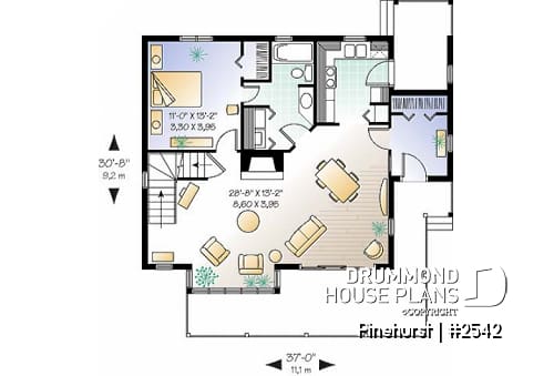 1st level - Panoramic view house plan, 3 bedroom, cathedral ceiling, master on main floor, fireplace - Pinehurst