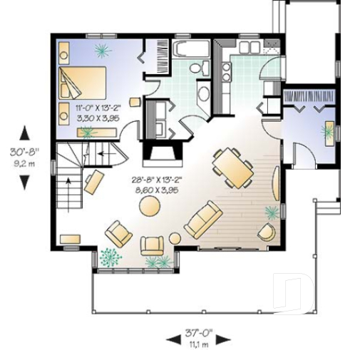 1st level - Panoramic view house plan, 3 bedroom, cathedral ceiling, master on main floor, fireplace - Pinehurst