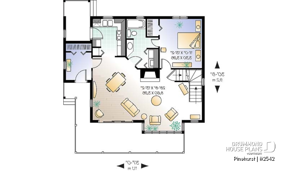 1st level - Panoramic view house plan, 3 bedroom, cathedral ceiling, master on main floor, fireplace - Pinehurst