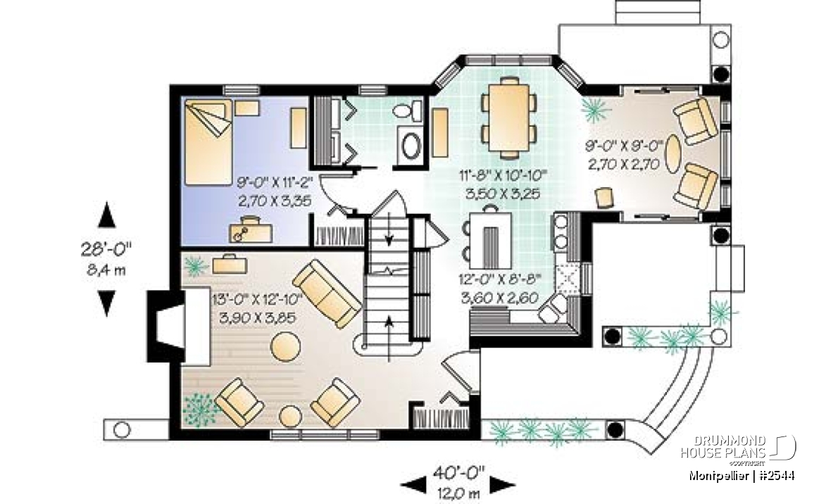 1st level - 3 bedroom country house plan, fireplace in the living room, recessed reading nook, lots of light everywhere - Montpellier