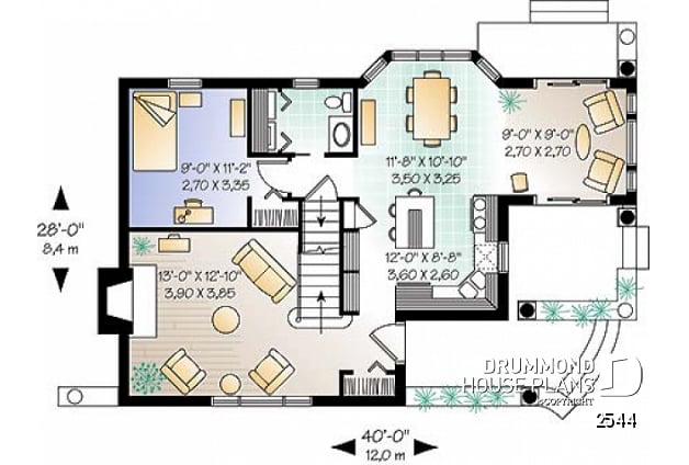 1st level - 3 bedroom country house plan, fireplace in the living room, recessed reading nook, lots of light everywhere - Montpellier