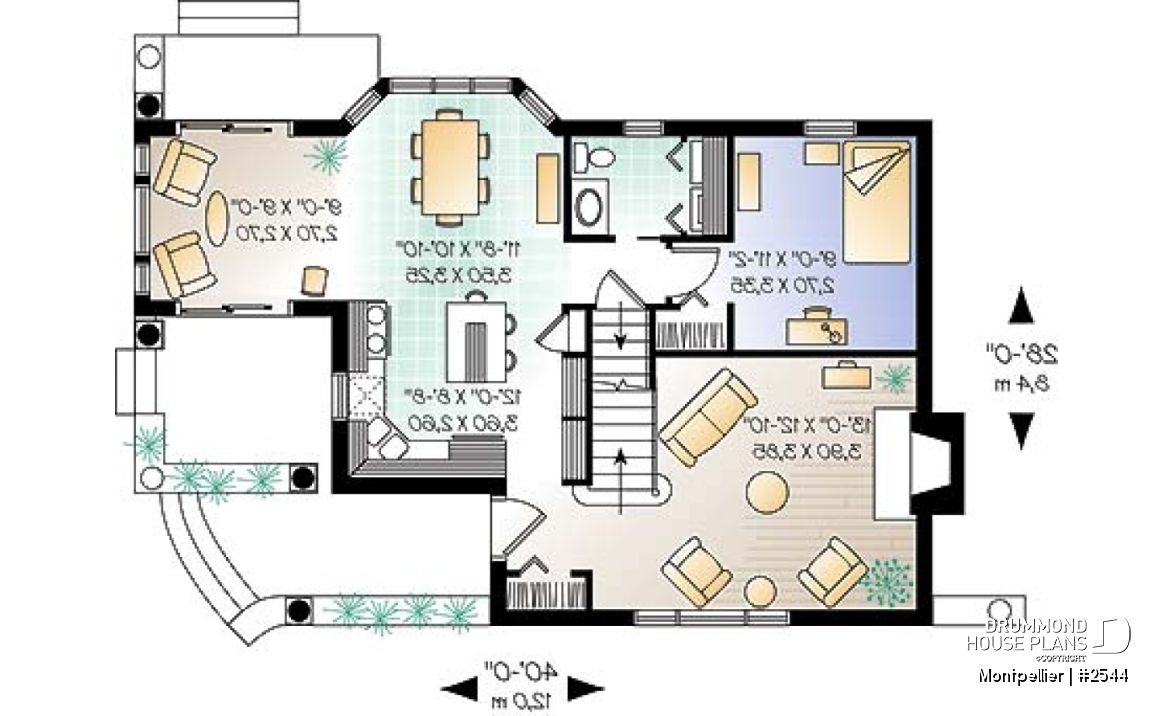1st level - 3 bedroom country house plan, fireplace in the living room, recessed reading nook, lots of light everywhere - Montpellier