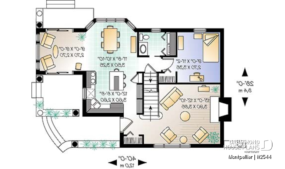 1st level - 3 bedroom country house plan, fireplace in the living room, recessed reading nook, lots of light everywhere - Montpellier