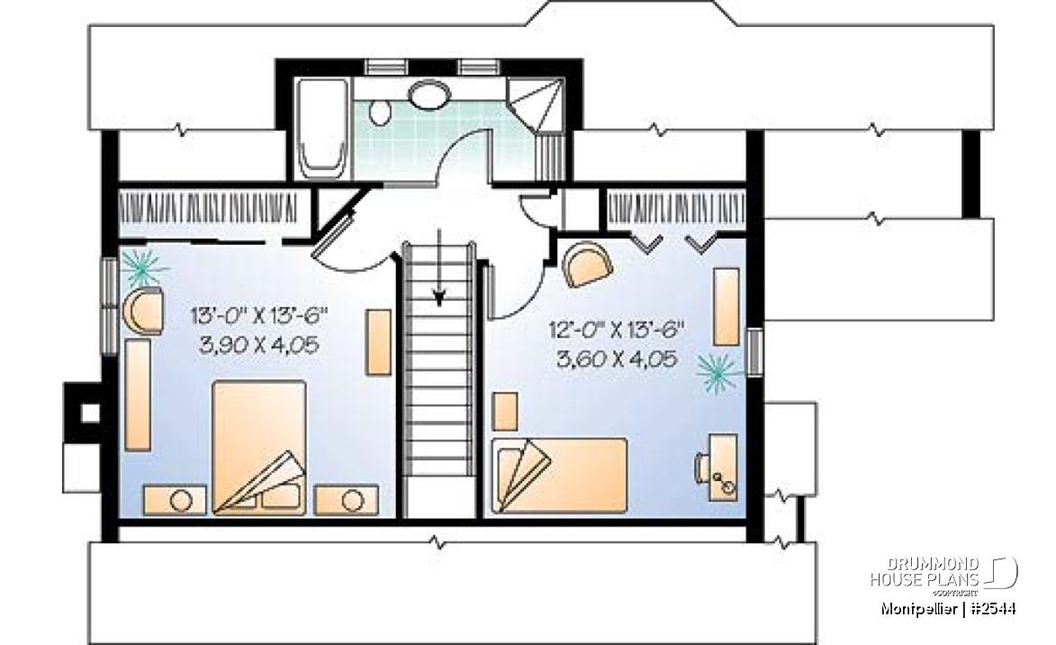 2nd level - 3 bedroom country house plan, fireplace in the living room, recessed reading nook, lots of light everywhere - Montpellier