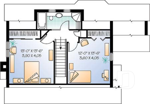 2nd level - 3 bedroom country house plan, fireplace in the living room, recessed reading nook, lots of light everywhere - Montpellier