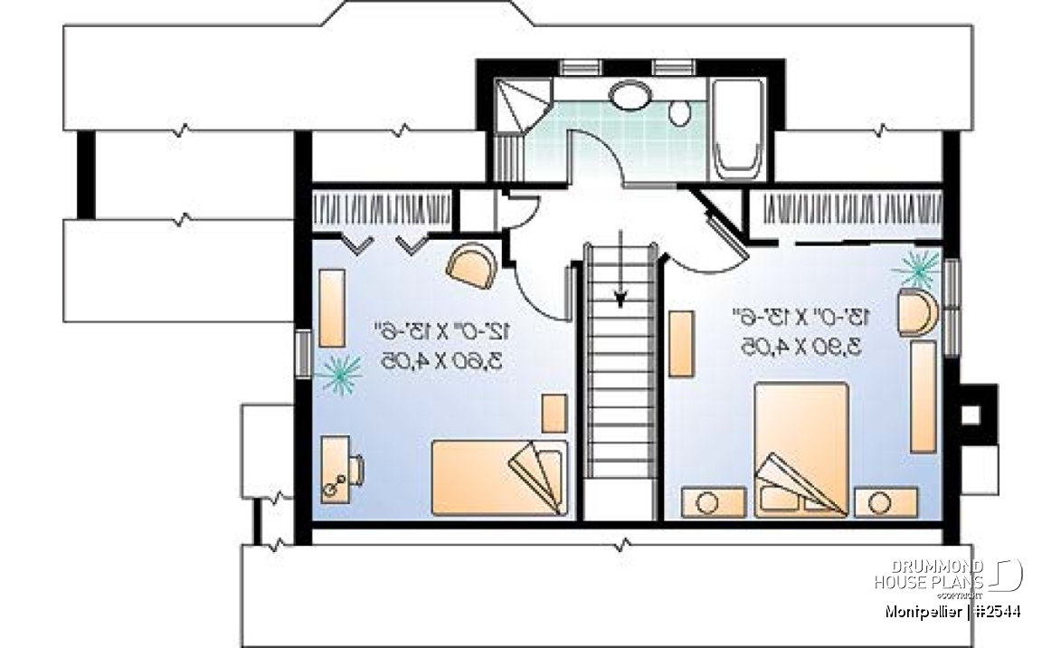 2nd level - 3 bedroom country house plan, fireplace in the living room, recessed reading nook, lots of light everywhere - Montpellier