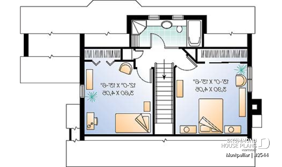 2nd level - 3 bedroom country house plan, fireplace in the living room, recessed reading nook, lots of light everywhere - Montpellier