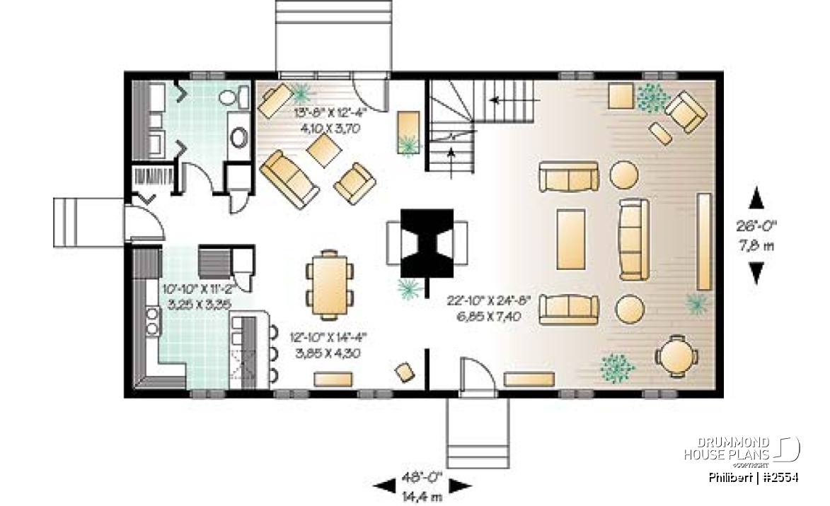 1st level - Traditional European 4 bedroom home design, with open floor plans and 2 family rooms - Philibert