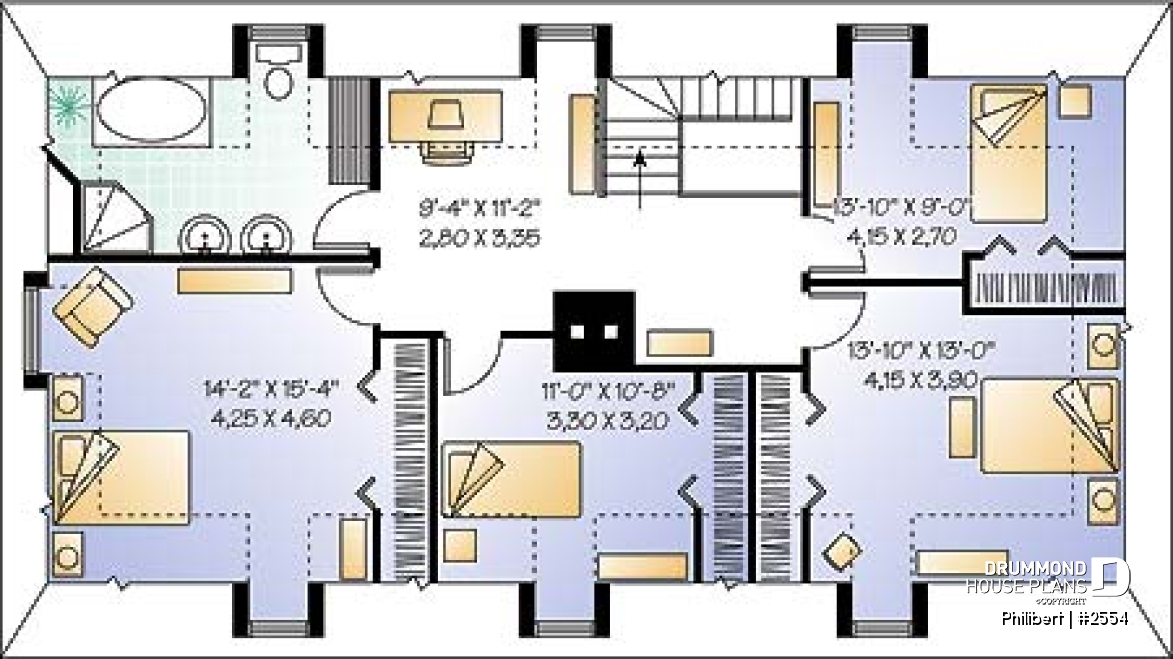 2nd level - Traditional European 4 bedroom home design, with open floor plans and 2 family rooms - Philibert