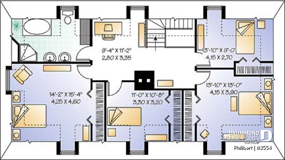 2nd level - Traditional European 4 bedroom home design, with open floor plans and 2 family rooms - Philibert