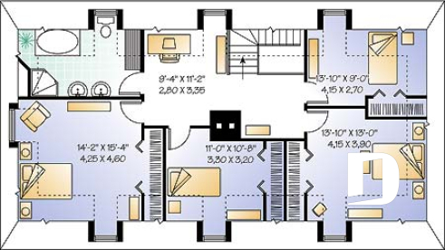 2nd level - Traditional European 4 bedroom home design, with open floor plans and 2 family rooms - Philibert