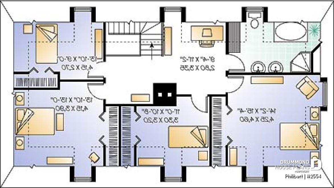 2nd level - Traditional European 4 bedroom home design, with open floor plans and 2 family rooms - Philibert