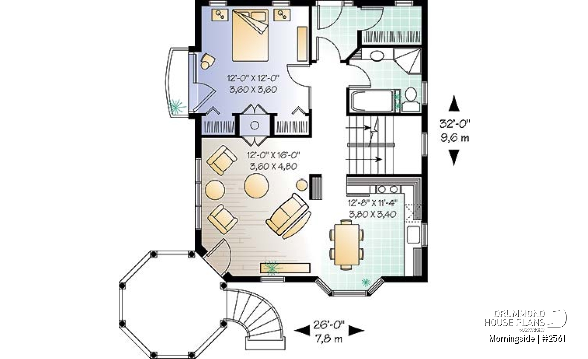 1st level - Victorian house plan, 3 bedrooms, master suite, fireplace, balcony - Morningside