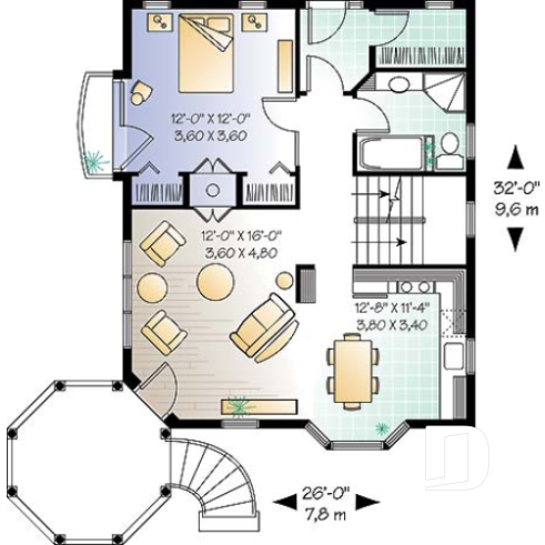 1st level - Victorian house plan, 3 bedrooms, master suite, fireplace, balcony - Morningside