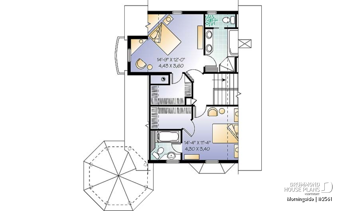 2nd level - Victorian house plan, 3 bedrooms, master suite, fireplace, balcony - Morningside