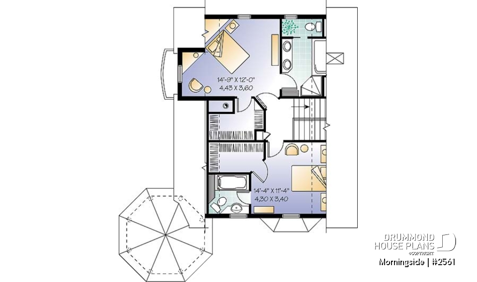 2nd level - Victorian house plan, 3 bedrooms, master suite, fireplace, balcony - Morningside
