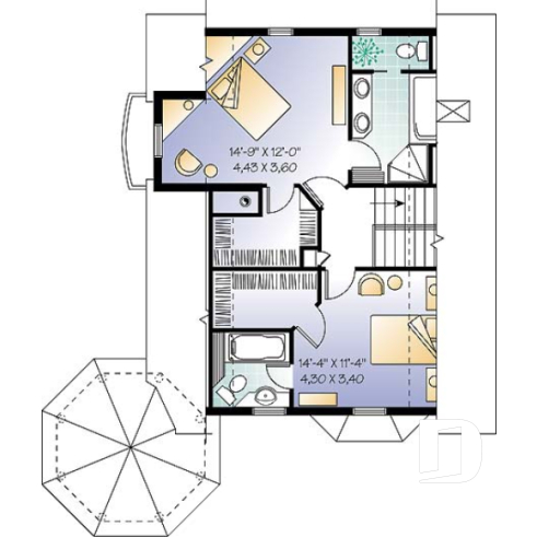 2nd level - Victorian house plan, 3 bedrooms, master suite, fireplace, balcony - Morningside