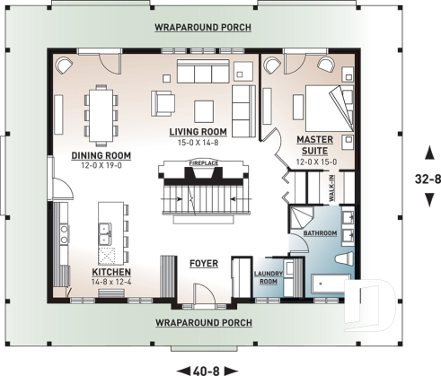 1st level - 3 bedroom farmhouse with master on main, huge wraparound covered porch, open area and fireplace - Toulon