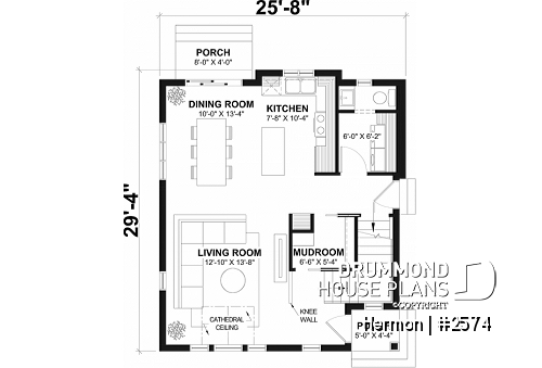 1st level - Scandinavian house plan with open floor plan, 2 bedrooms, lots of natural light, unfinished basement - Hermon