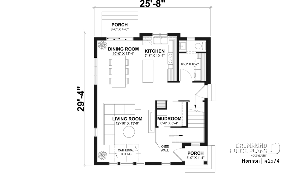 1st level - Scandinavian house plan with open floor plan, 2 bedrooms, lots of natural light, unfinished basement - Hermon