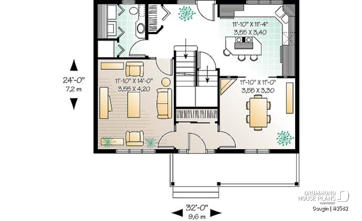 1st level - Country cottage home plan with 3 bedrooms, 2.5 baths, formal dining and living room, laundry room - Gaugin