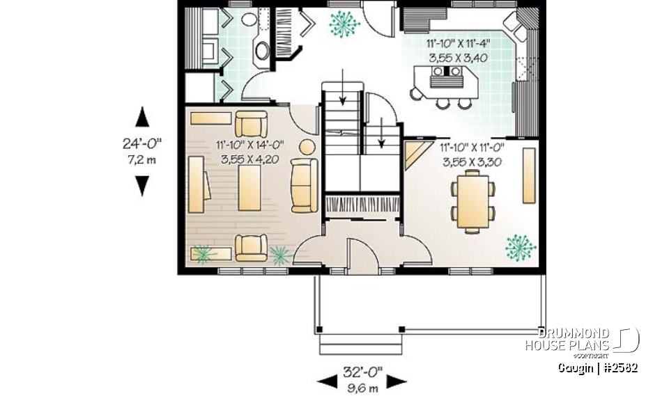 1st level - Country cottage home plan with 3 bedrooms, 2.5 baths, formal dining and living room, laundry room - Gaugin