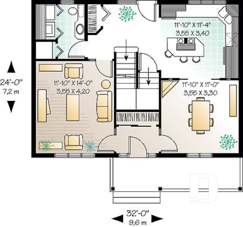 1st level - Country cottage home plan with 3 bedrooms, 2.5 baths, formal dining and living room, laundry room - Gaugin